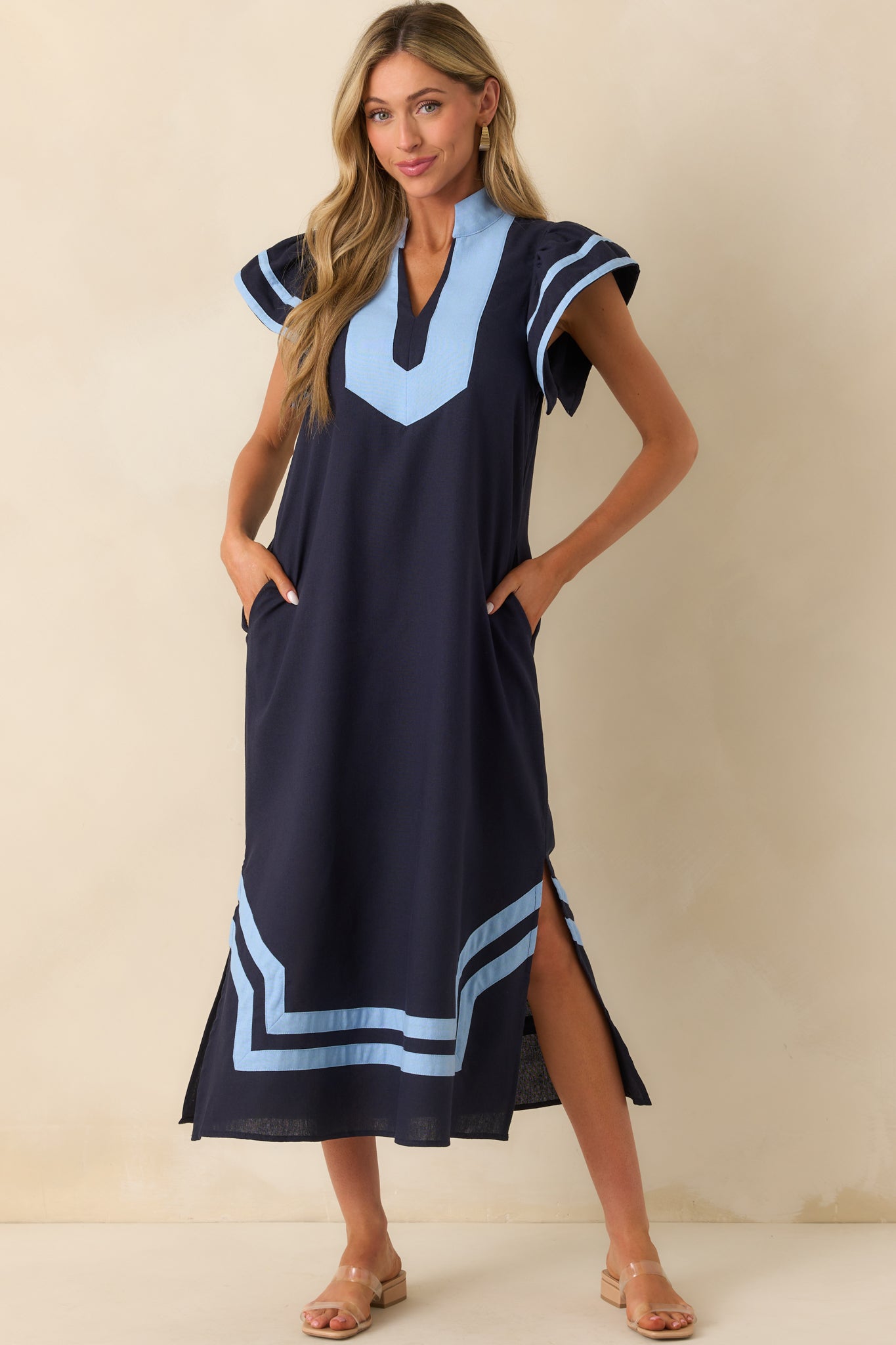 As Good As It Gets Navy Linen Cotton Blend Kaftan Maxi Dress