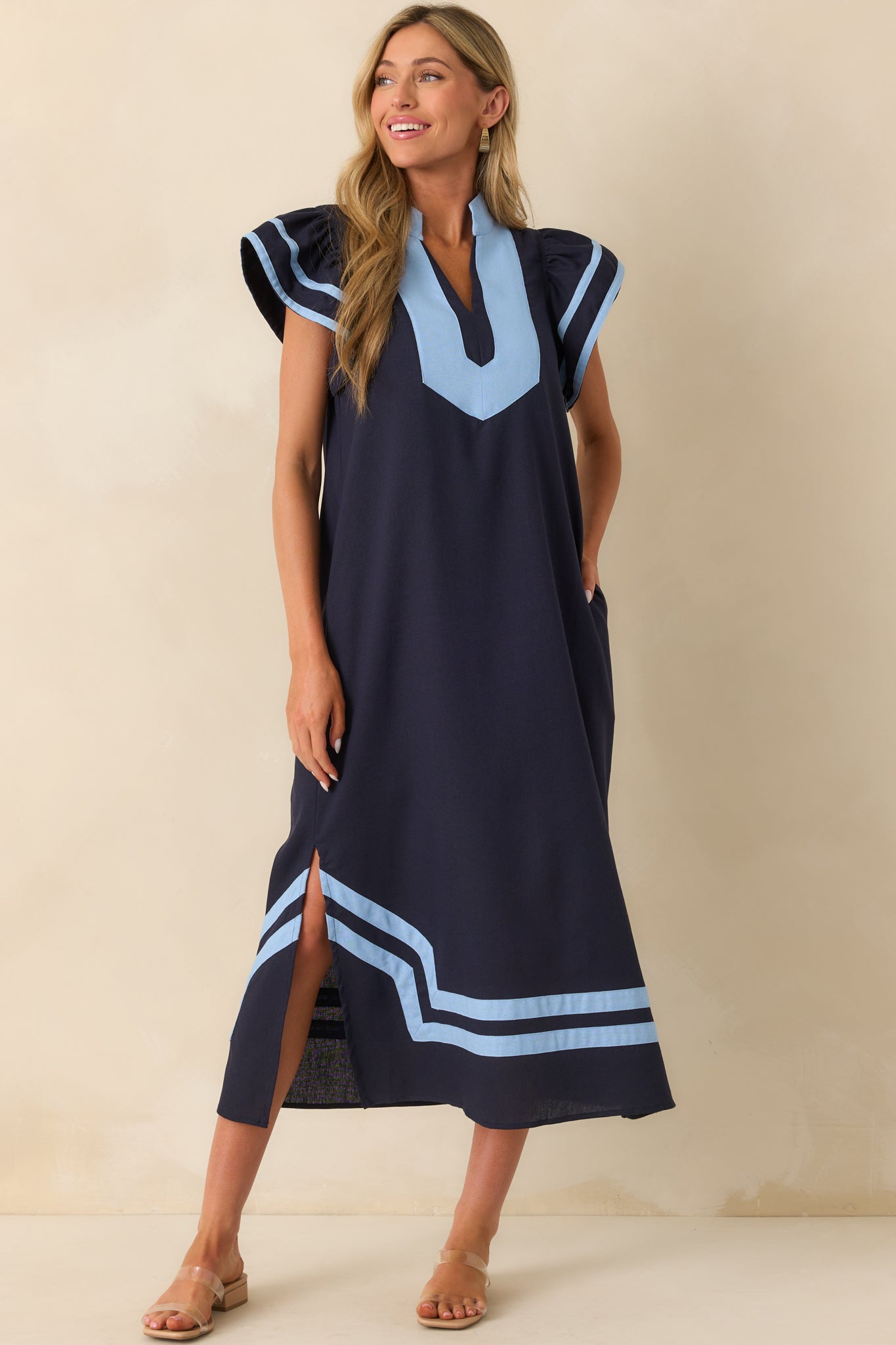 As Good As It Gets Navy Linen Cotton Blend Kaftan Maxi Dress