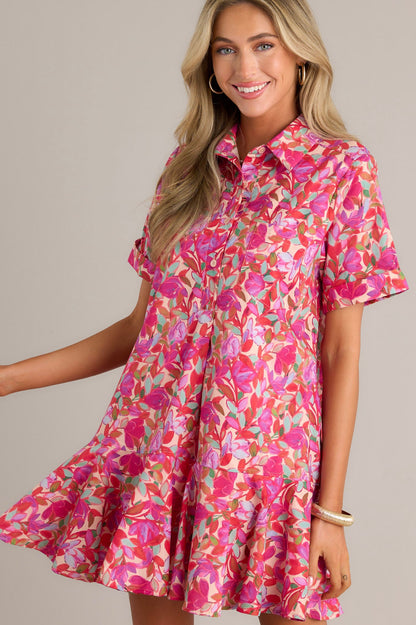 Chic Harmony 100% Cotton Pink Floral Mini Shirt Dress
