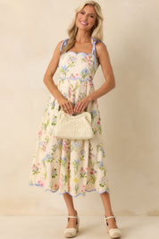 In This Lifetime Ivory Floral Print Cotton Scallop Hem Midi Dress