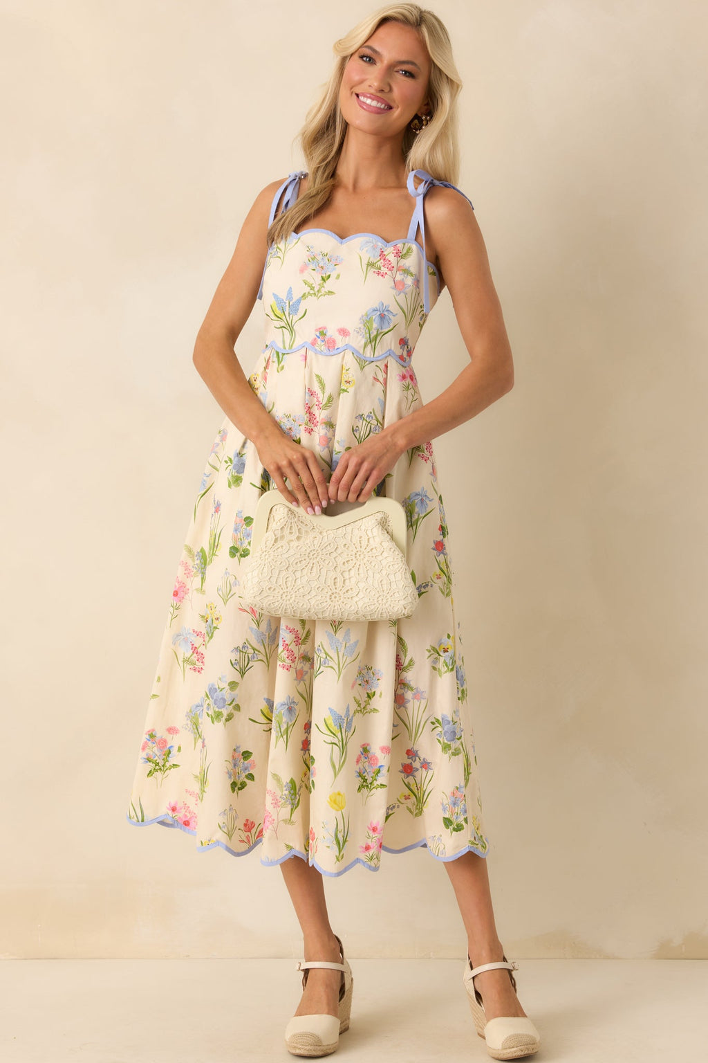 In This Lifetime Ivory Floral Print Cotton Scallop Hem Midi Dress