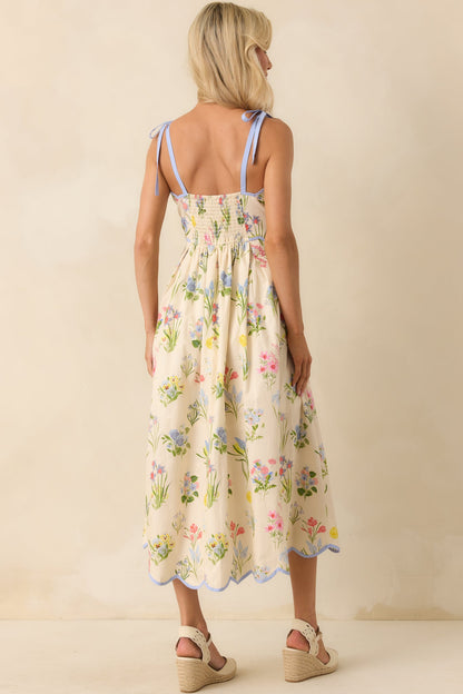 In This Lifetime Ivory Floral Print Cotton Scallop Hem Midi Dress