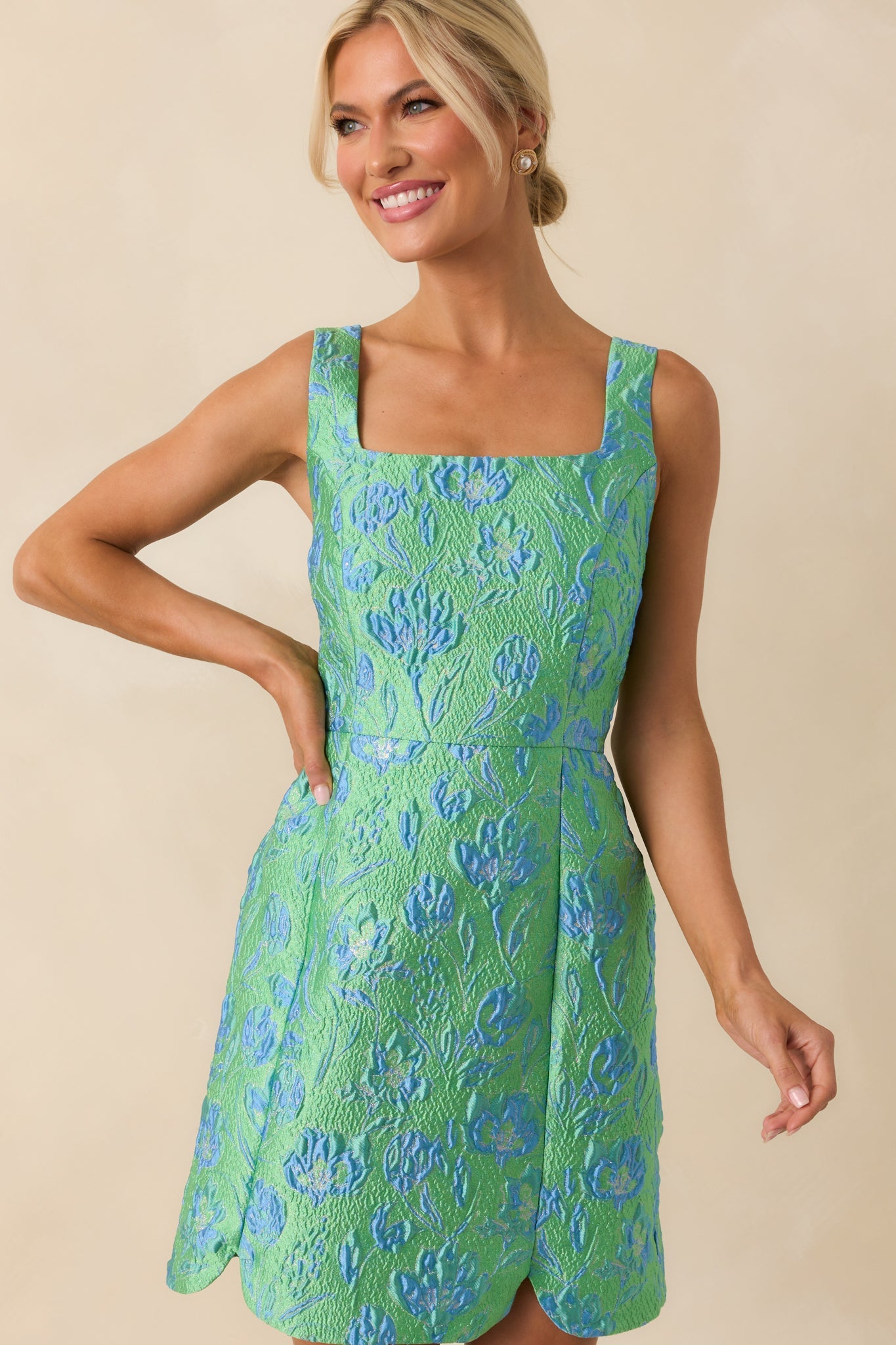 Just Look At Her Green Floral Print Jacquard Mini Dress