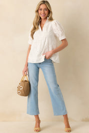 On The Record White Floral Embroidered Eyelet Cotton Top