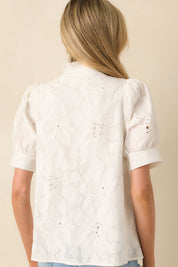 On The Record White Floral Embroidered Eyelet Cotton Top