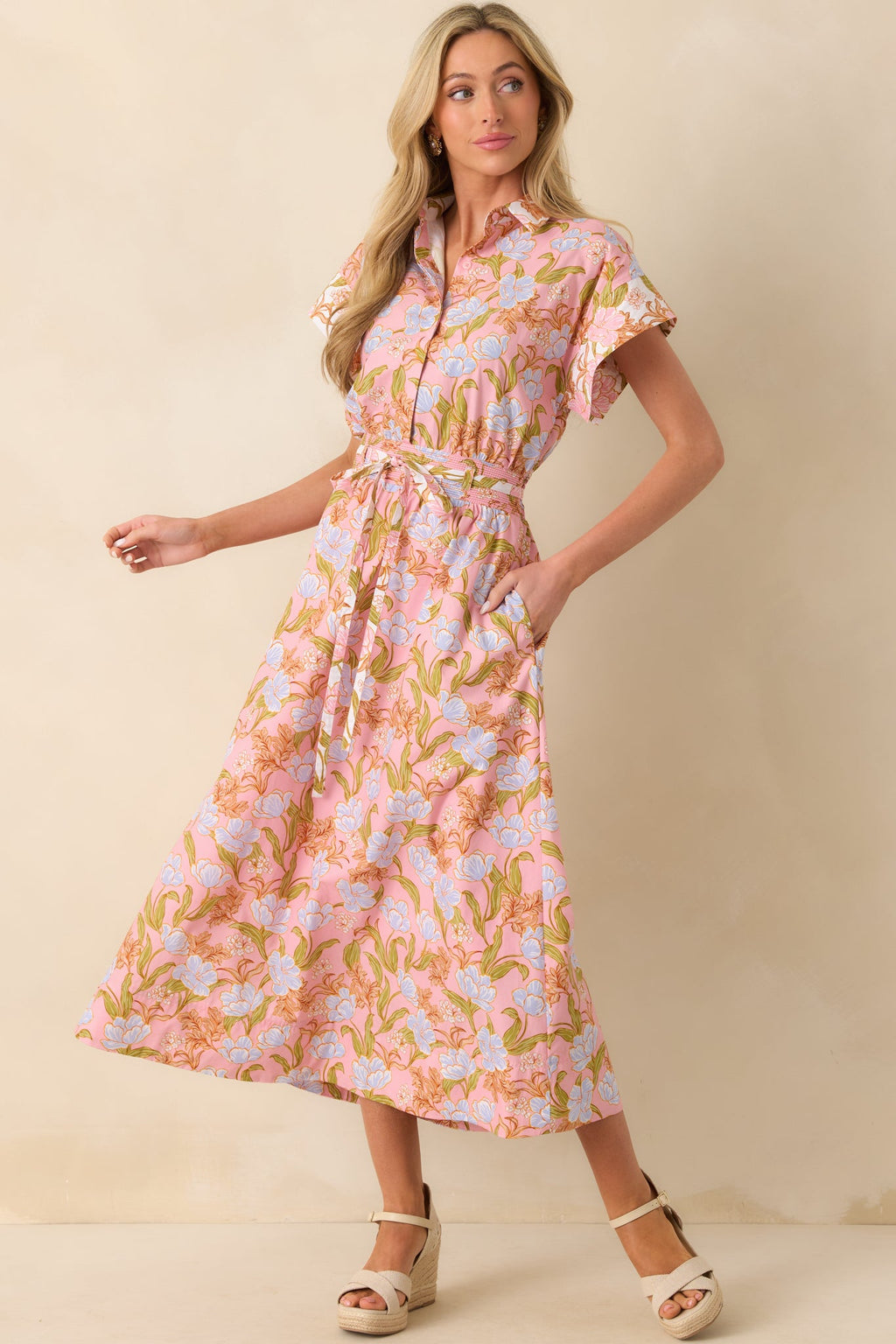 It Comes Easily Pink Coral Floral Print Maxi Shirt Dress
