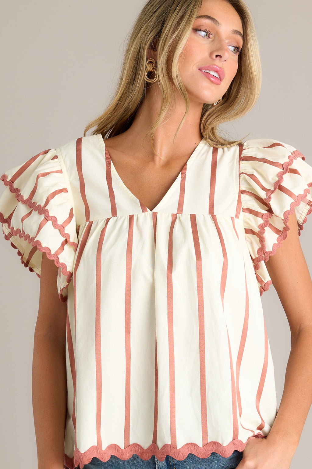 Harmony Hues Ivory Stripe Flutter Sleeve Blouse