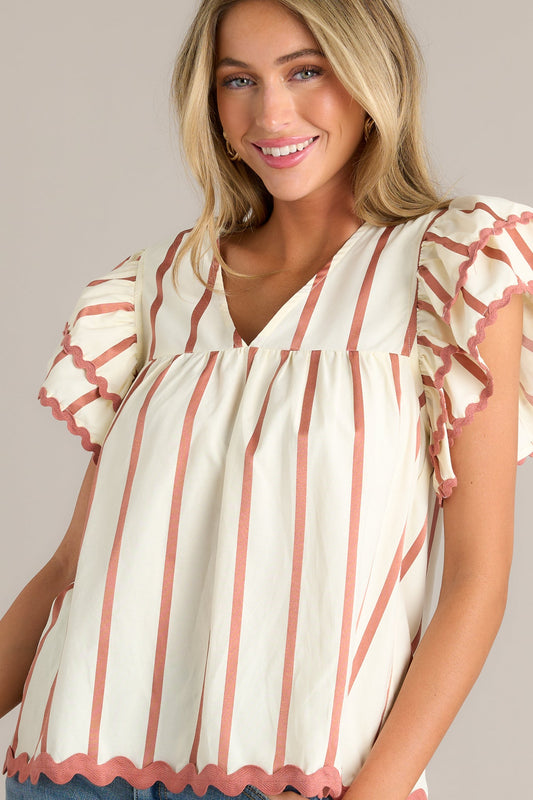 Harmony Hues Ivory Stripe Flutter Sleeve Blouse