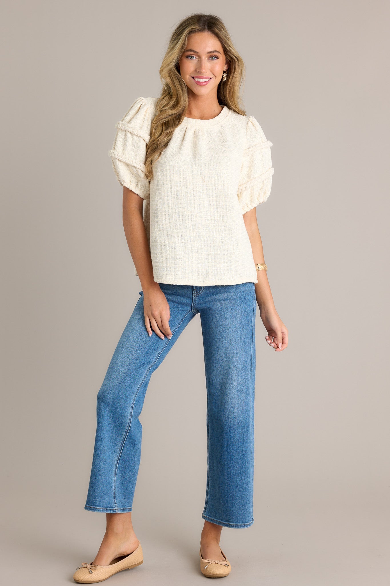 Eternal Favorite Ivory Tweed Puff Sleeve Top