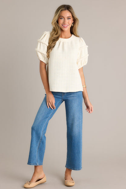 Eternal Favorite Ivory Tweed Puff Sleeve Top