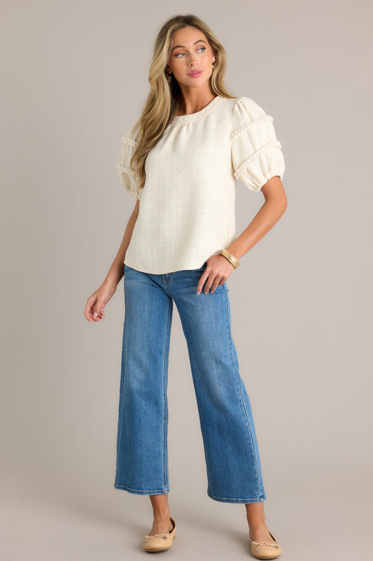 Eternal Favorite Ivory Tweed Puff Sleeve Top