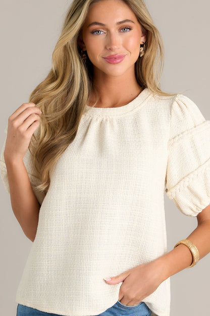 Eternal Favorite Ivory Tweed Puff Sleeve Top