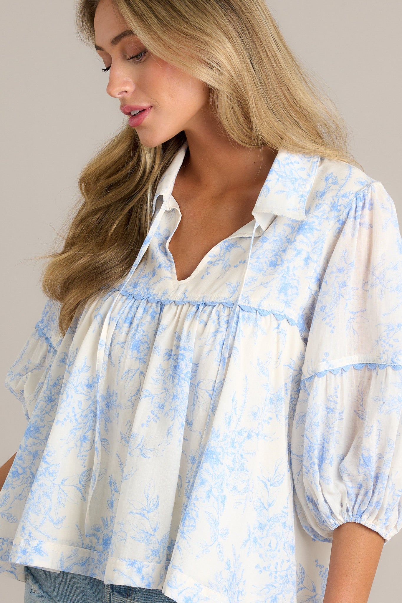 Forever Yours 100% Cotton Blue Toile Collared Top