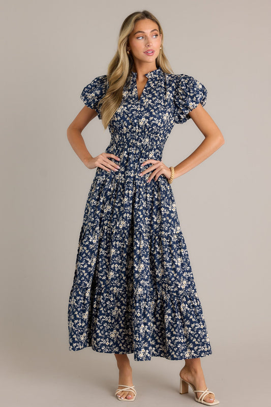 Gardenia Gala 100% Cotton Navy Floral Maxi Dress