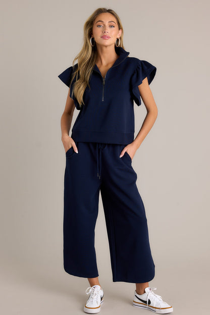 Honey Hug Navy Ribbed Quarter Zip Top