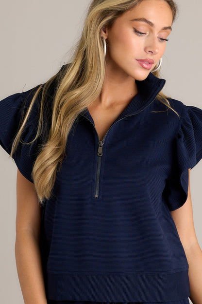 Honey Hug Navy Ribbed Quarter Zip Top