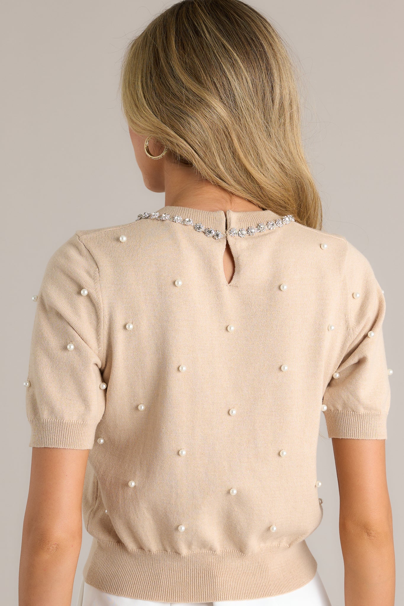 Casual Class Beige Short Sleeve Faux Pearl Top