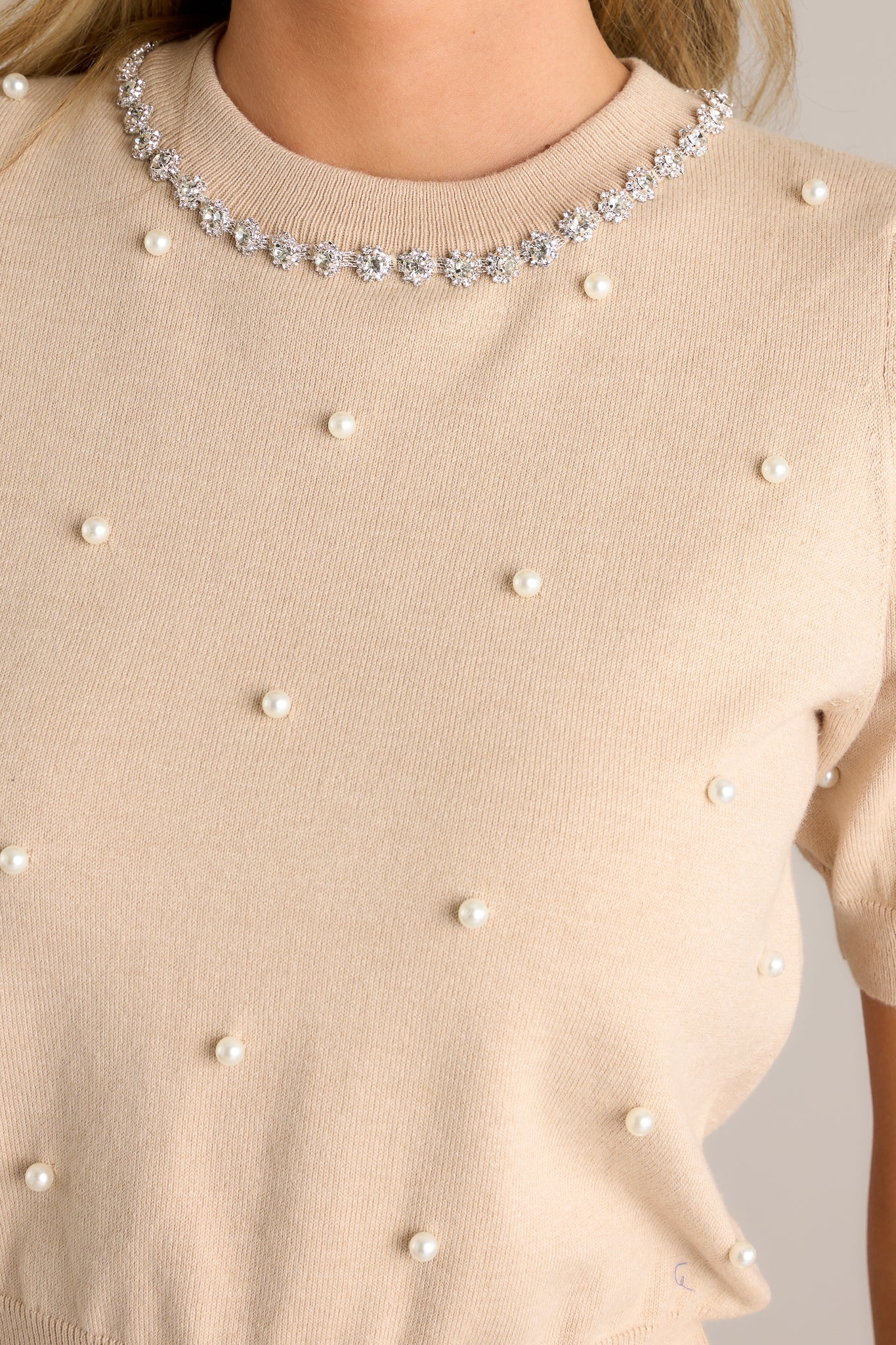 Casual Class Beige Short Sleeve Faux Pearl Top