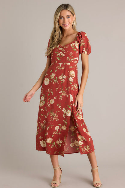 Wish You Were Here Burnt Orange Puff Sleeve Midi Dress