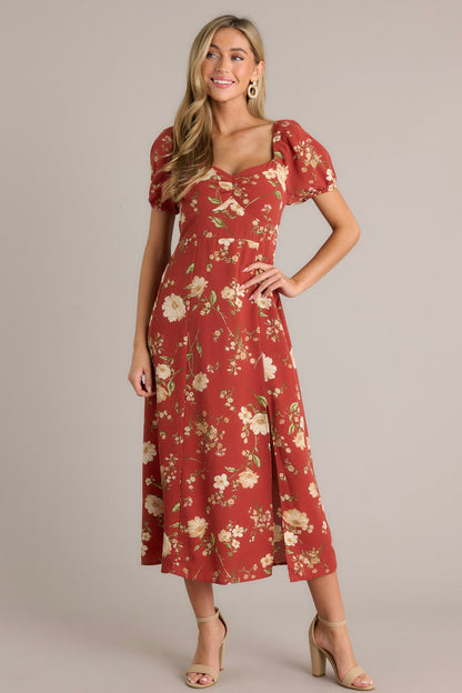 Wish You Were Here Burnt Orange Puff Sleeve Midi Dress