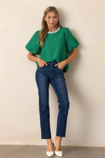 Bejeweled Jade Green Bubble Sleeve Top