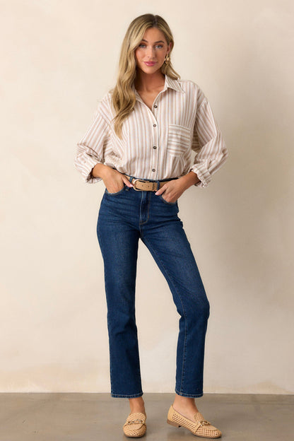 Boho Harmony Ivory Button Front Stripe Top