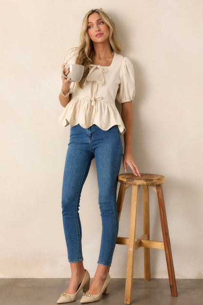 Just A Girl 100% Cotton Ivory Puff Sleeve Bow Peplum Top