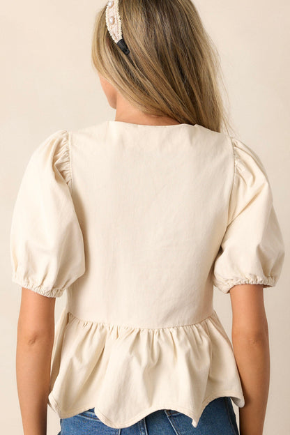 Just A Girl 100% Cotton Ivory Puff Sleeve Bow Peplum Top