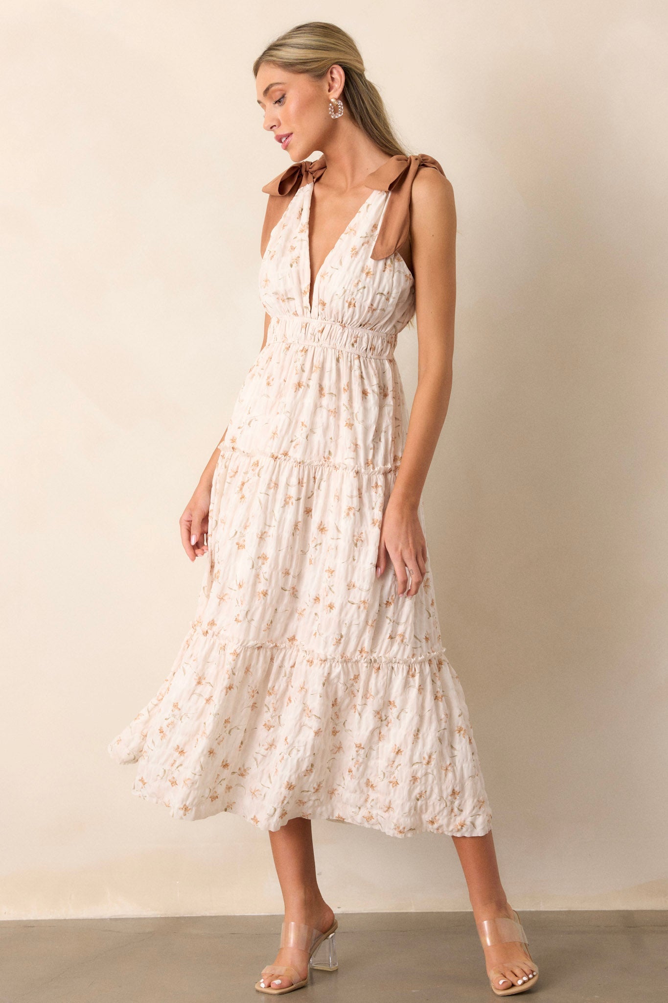 For Good Ivory Floral Plunge Neck Midi Dress