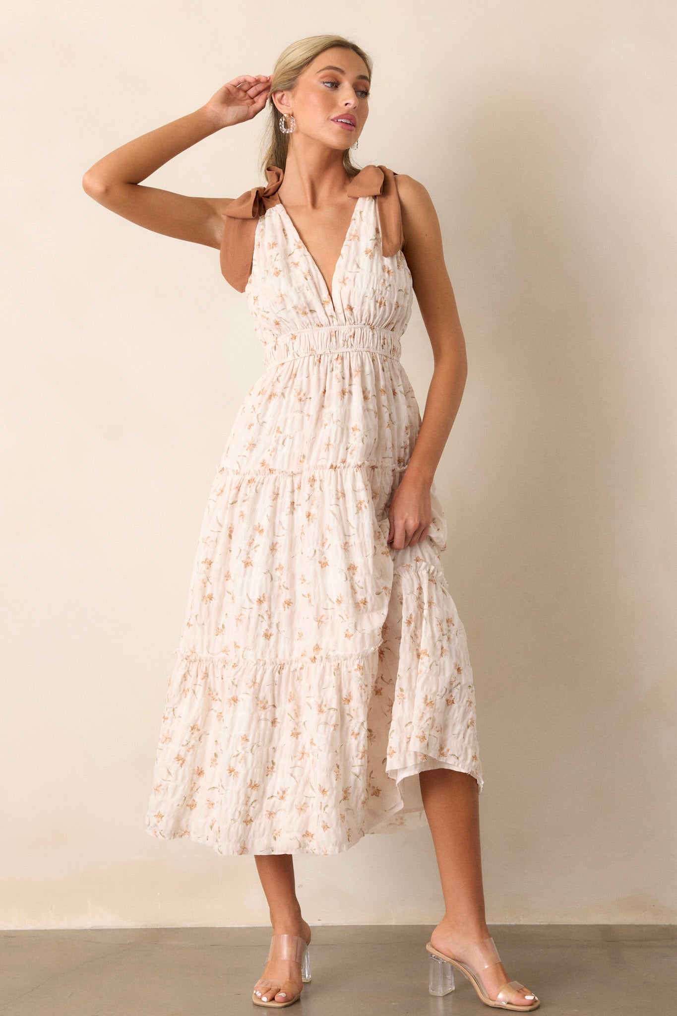 For Good Ivory Floral Plunge Neck Midi Dress