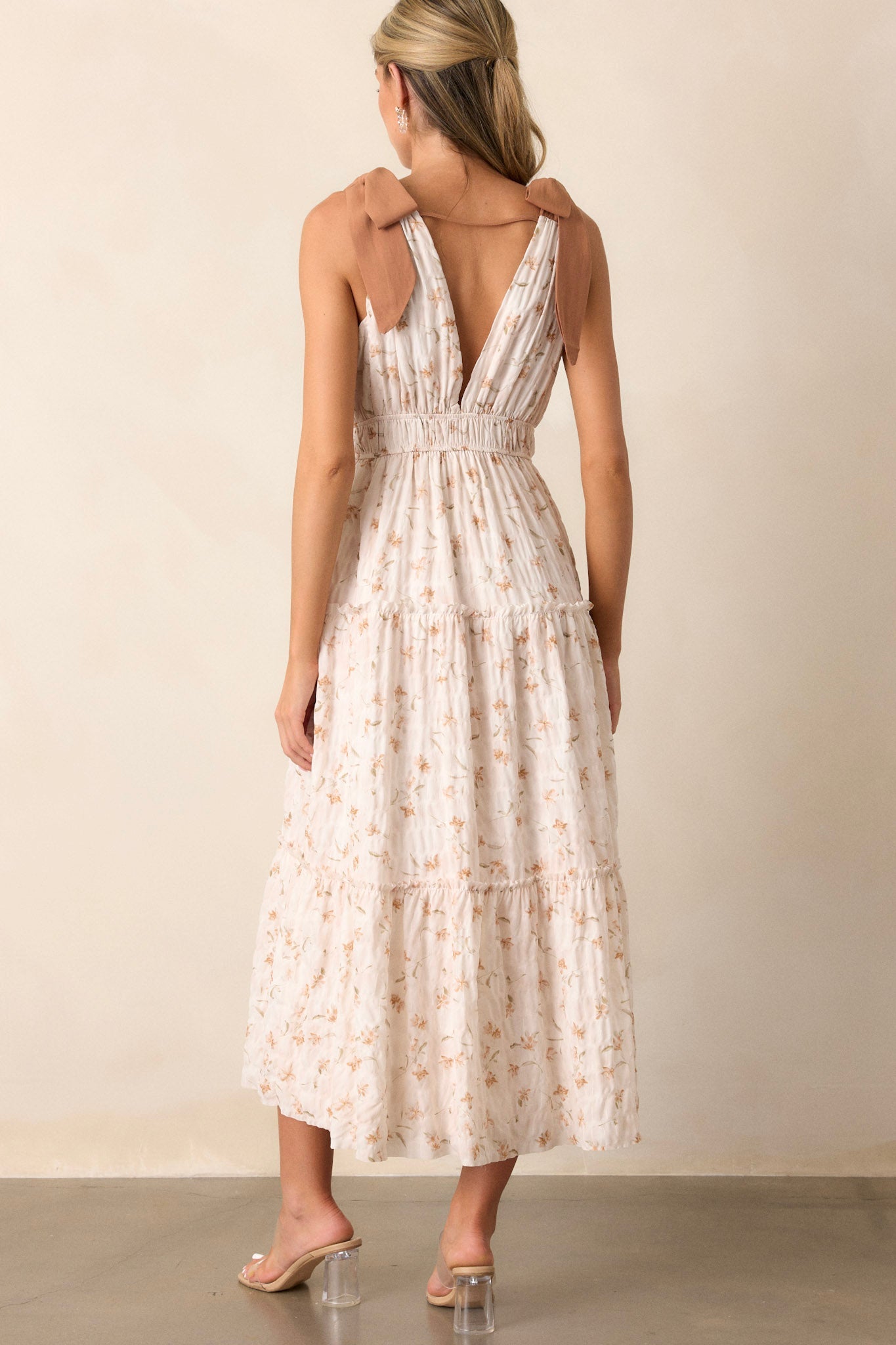 For Good Ivory Floral Plunge Neck Midi Dress