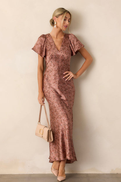 Champagne Moments Dusty Rose Floral Satin Maxi Dress