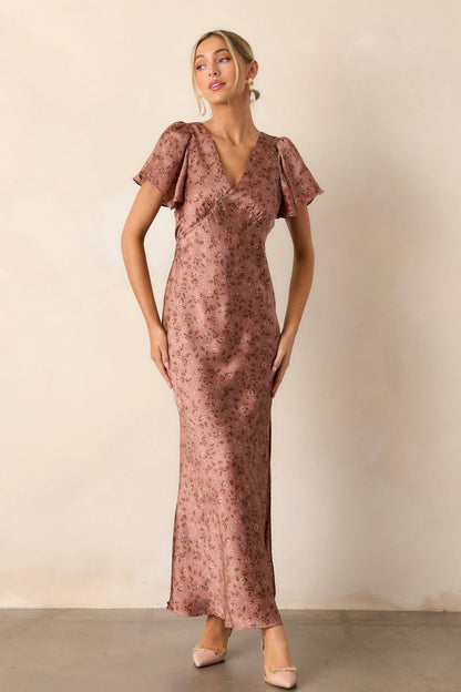 Champagne Moments Dusty Rose Floral Satin Maxi Dress