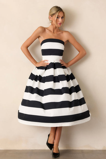 Crisp Contrast Black & White Stripe Strapless Midi Dress