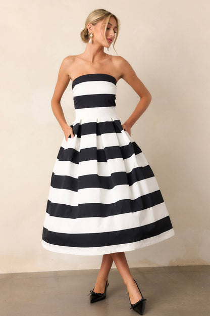 Crisp Contrast Black & White Stripe Strapless Midi Dress