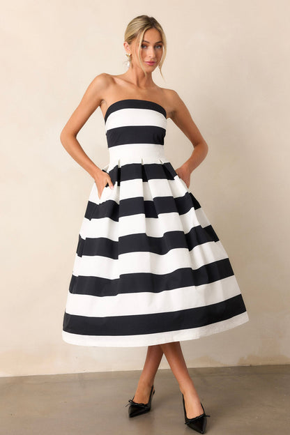 Crisp Contrast Black & White Stripe Strapless Midi Dress