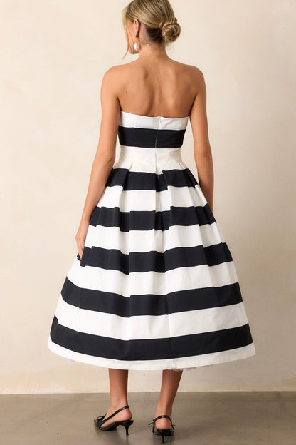 Crisp Contrast Black & White Stripe Strapless Midi Dress