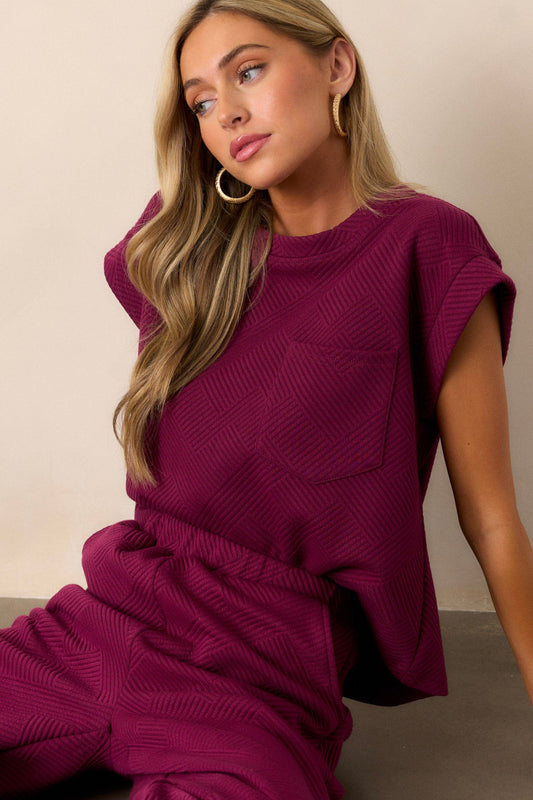 Keep It Creative Dark Sangria Textured Short Sleeve Top