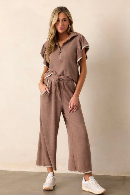 Ease My Mind Mocha Blanket Stitch Quarter Zip Sweater