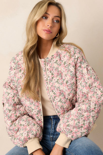 Gentle Hues Pink Floral Quilted Bomber Jacket