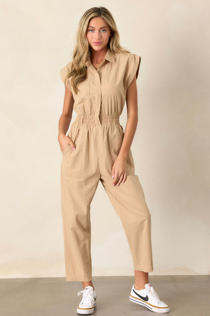 But A Dream Taupe Cotton Cargo Jumpsuit