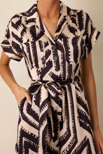 Dream Catching Black Geo Print Short Sleeve Jumpsuit