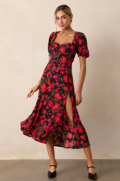 All Eyes On You Red Floral Puff Sleeve Midi Dress