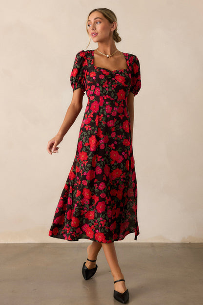 All Eyes On You Red Floral Puff Sleeve Midi Dress