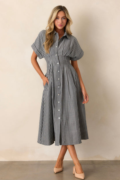 Falling Into Place Black Stripe Short Sleeve Midi Dress