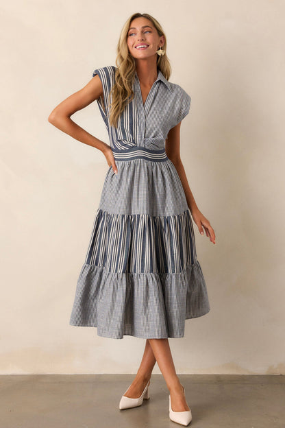 Along The Way Navy Stripe Cap Sleeve Midi Dress