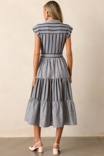 Along The Way Navy Stripe Cap Sleeve Midi Dress