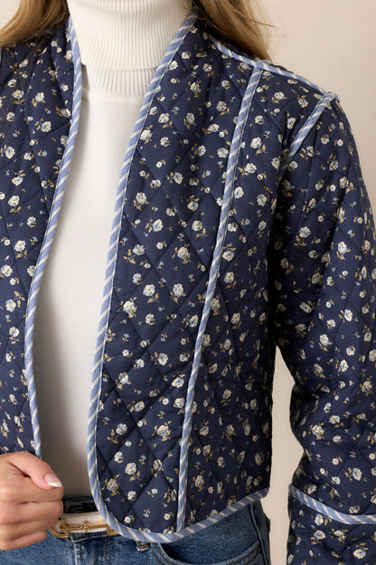 Anywhere But Here Cotton Navy Floral Quilted Jacket