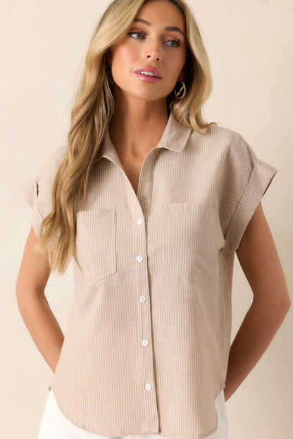 Know The One Taupe Striped Button Front Top