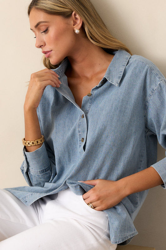 In Plain Sight Cotton Light Chambray Button Front Top
